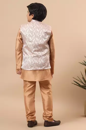 Boys golden cotton silk kurta pyjama set with geometric jacquard jacket