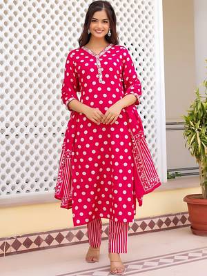  ethnic handprinted rayon printed designer indian suit set kurti pant & dupatta set 5