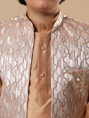 Boys golden cotton silk kurta pyjama set with geometric jacquard jacket 3