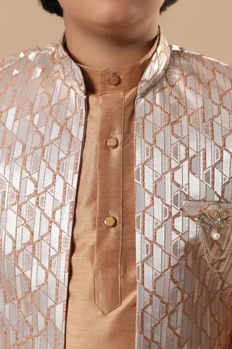 Boys golden cotton silk kurta pyjama set with geometric jacquard jacket