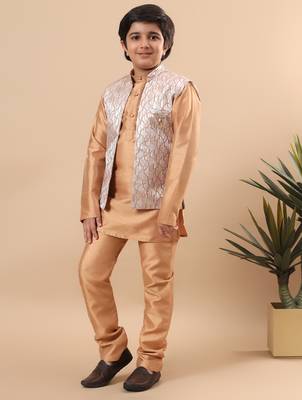 Boys golden cotton silk kurta pyjama set with geometric jacquard jacket 4