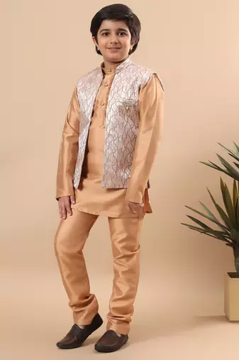 Boys golden cotton silk kurta pyjama set with geometric jacquard jacket