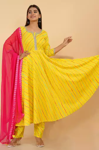 Women's cotton leheriya printed flared anarkali suit set Leheriya Anarkali Suit Set