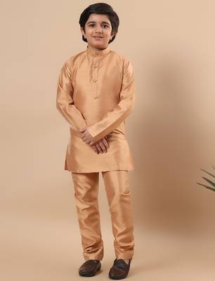 Boys golden cotton silk kurta pyjama set with geometric jacquard jacket 5