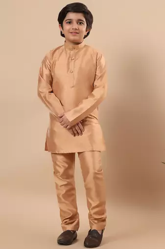 Boys golden cotton silk kurta pyjama set with geometric jacquard jacket
