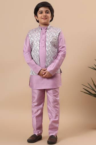 Boys lilac cotton silk kurta pyjama set with geometric jacquard jacket