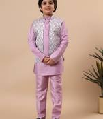 Boys lilac cotton silk kurta pyjama set with geometric jacquard jacket
