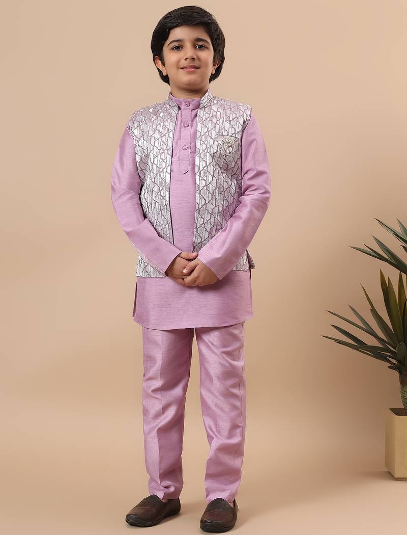 Boys lilac cotton silk kurta pyjama set with geometric jacquard jacket
