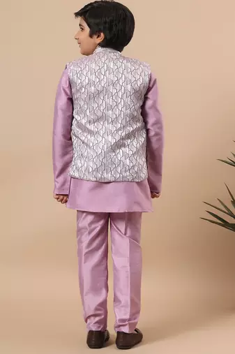 Boys lilac cotton silk kurta pyjama set with geometric jacquard jacket