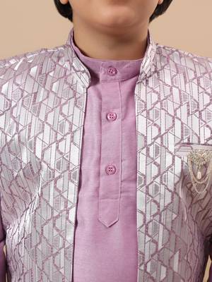 Boys lilac cotton silk kurta pyjama set with geometric jacquard jacket 3