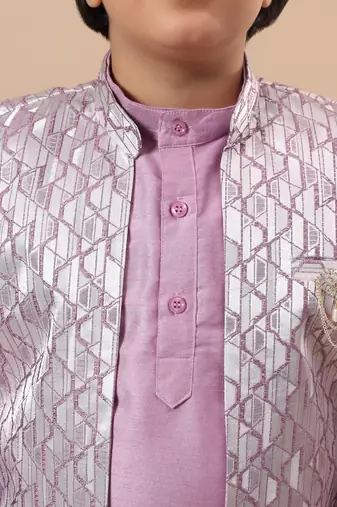 Boys lilac cotton silk kurta pyjama set with geometric jacquard jacket