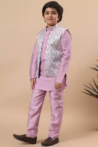 Boys lilac cotton silk kurta pyjama set with geometric jacquard jacket