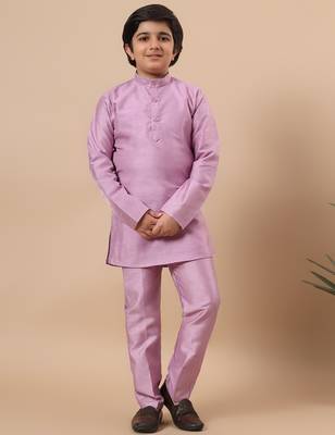 Boys lilac cotton silk kurta pyjama set with geometric jacquard jacket 5