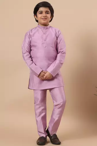 Boys lilac cotton silk kurta pyjama set with geometric jacquard jacket