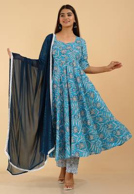 Floral ethnic handprinted rayon floral printed designer indian suit set kurti pant & dupatta set 1