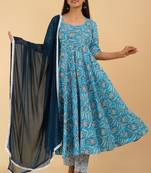 blue cotton printed kurta sets