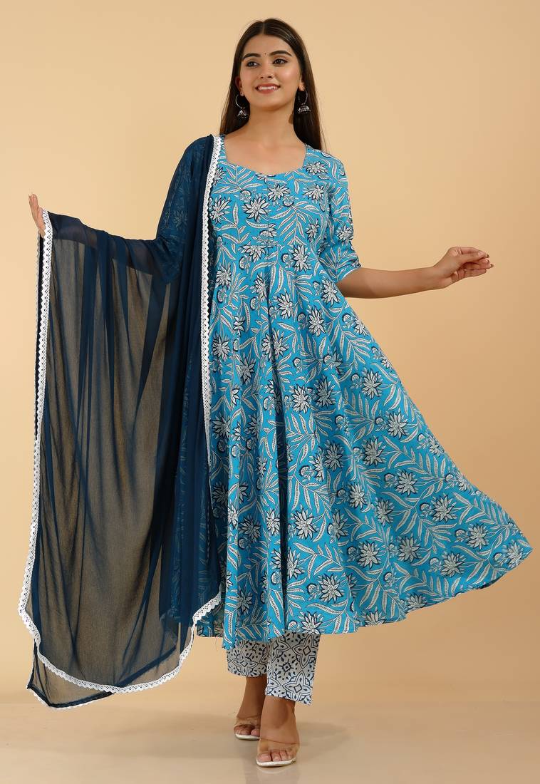 blue cotton printed kurta sets