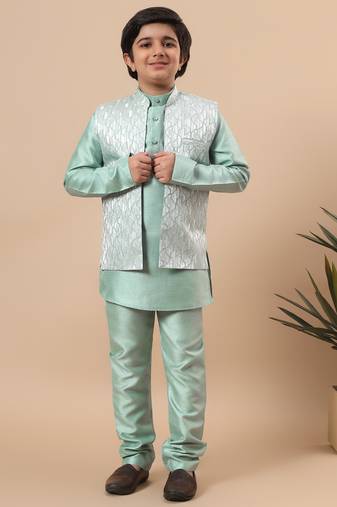 Boys mint green cotton silk kurta pyjama set with geometric jacquard jacket