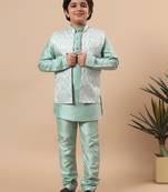 Boys mint green cotton silk kurta pyjama set with geometric jacquard jacket