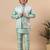Boys mint green cotton silk kurta pyjama set with geometric jacquard jacket