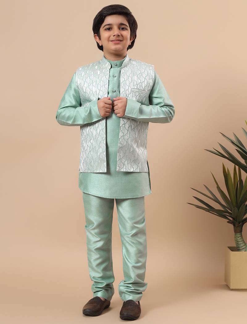 Boys mint green cotton silk kurta pyjama set with geometric jacquard jacket