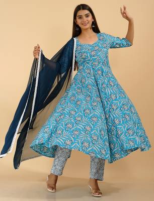 Floral ethnic handprinted rayon floral printed designer indian suit set kurti pant & dupatta set 2