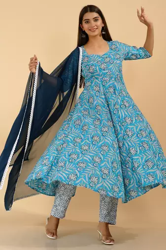 Floral ethnic handprinted rayon floral printed designer indian suit set kurti pant & dupatta set