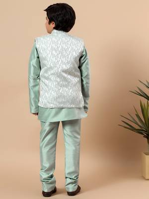 Boys mint green cotton silk kurta pyjama set with geometric jacquard jacket 2