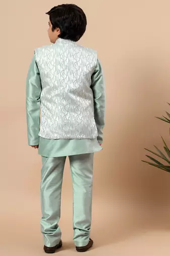 Boys mint green cotton silk kurta pyjama set with geometric jacquard jacket