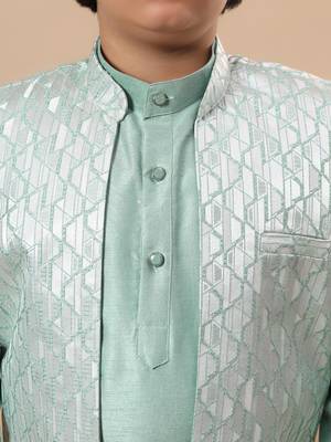 Boys mint green cotton silk kurta pyjama set with geometric jacquard jacket 3