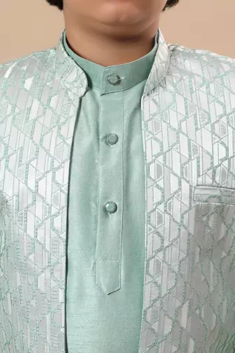 Boys mint green cotton silk kurta pyjama set with geometric jacquard jacket