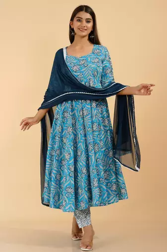 Floral ethnic handprinted rayon floral printed designer indian suit set kurti pant & dupatta set