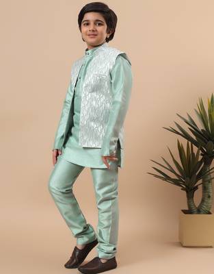 Boys mint green cotton silk kurta pyjama set with geometric jacquard jacket 4