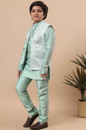 Boys mint green cotton silk kurta pyjama set with geometric jacquard jacket