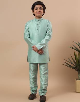 Boys mint green cotton silk kurta pyjama set with geometric jacquard jacket 5