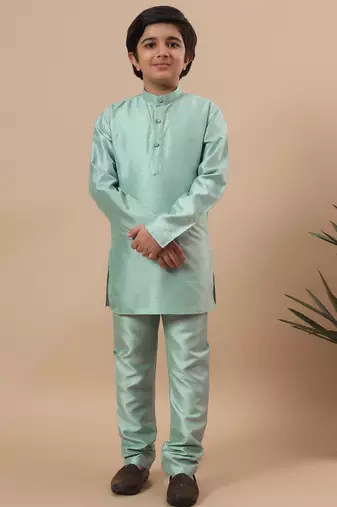Boys mint green cotton silk kurta pyjama set with geometric jacquard jacket