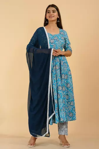 Floral ethnic handprinted rayon floral printed designer indian suit set kurti pant & dupatta set