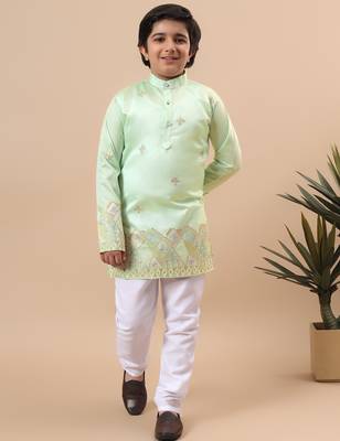 Boys pista green cotton silk geometric floral embroidered border kurta & pyjama set 1