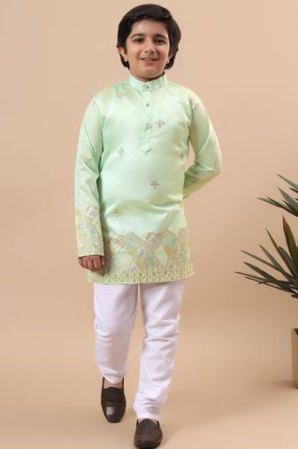 Boys pista green cotton silk geometric floral embroidered border kurta & pyjama set