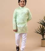 Boys pista green cotton silk geometric floral embroidered border kurta & pyjama set