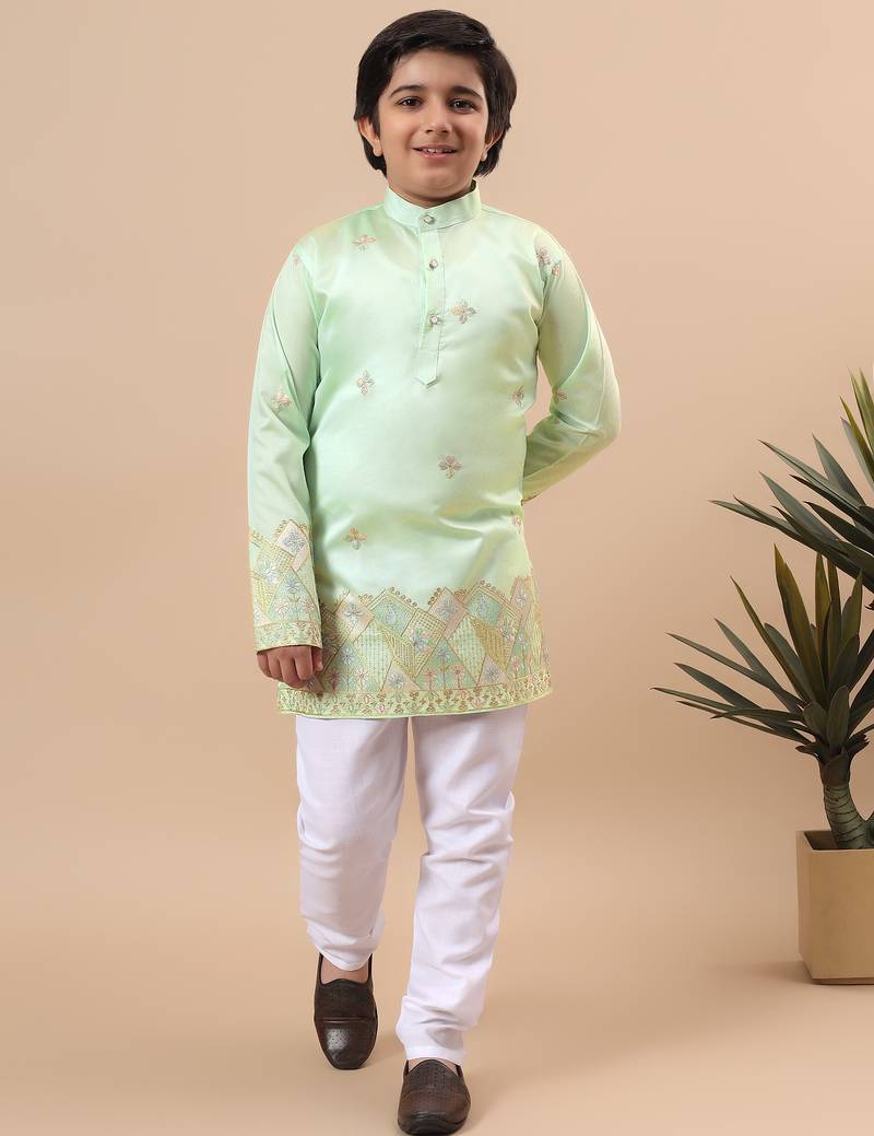 Boys pista green cotton silk geometric floral embroidered border kurta & pyjama set