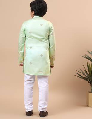 Boys pista green cotton silk geometric floral embroidered border kurta & pyjama set 2