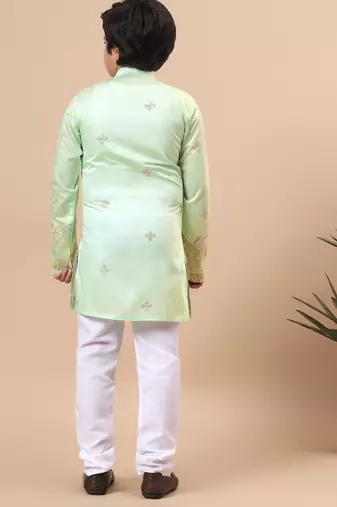 Boys pista green cotton silk geometric floral embroidered border kurta & pyjama set
