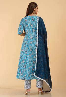 Floral ethnic handprinted rayon floral printed designer indian suit set kurti pant & dupatta set 5