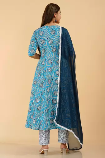 Floral ethnic handprinted rayon floral printed designer indian suit set kurti pant & dupatta set
