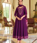 Floral embroidered silk round neck kurta trouser & dupatta set