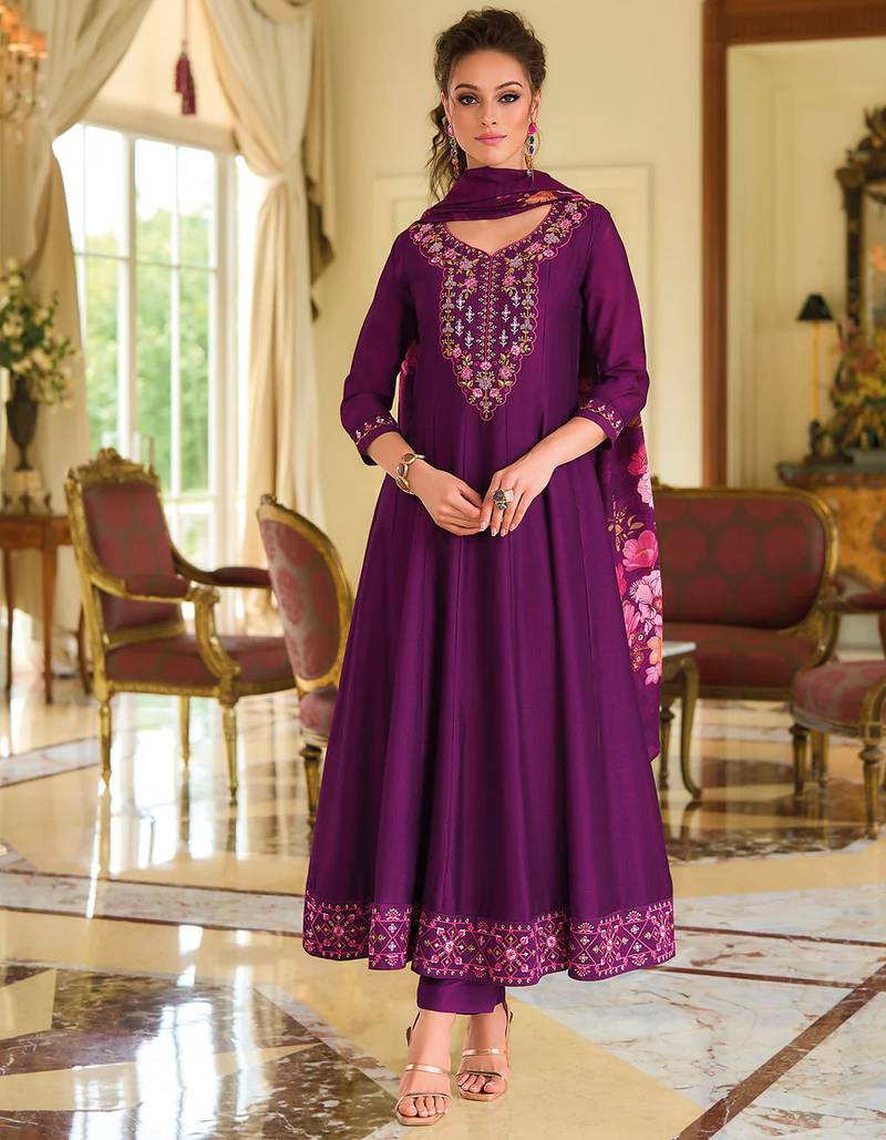 Floral embroidered silk round neck kurta trouser & dupatta set