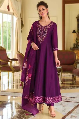 Floral embroidered silk round neck kurta trouser & dupatta set