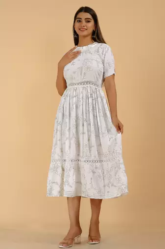 White casual & party wear handprinted designer dress for womens & girls