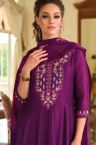 Floral embroidered silk round neck kurta trouser & dupatta set